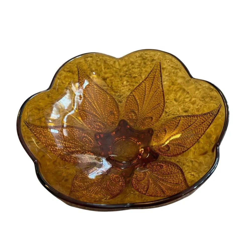 Anchor Hocking Dish Bowl Amber Glass Renaissance Flower Pattern Beaded 6.5